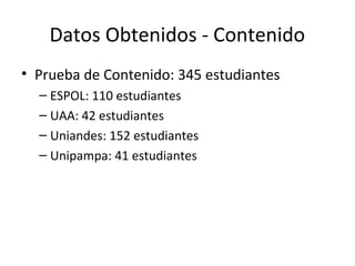 Datos Obtenidos - Contenido
• Prueba de Contenido: 345 estudiantes
– ESPOL: 110 estudiantes
– UAA: 42 estudiantes
– Uniandes: 152 estudiantes
– Unipampa: 41 estudiantes