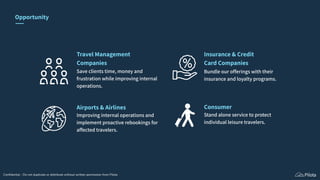 Opportunity
Travel Management
Companies
Airports & Airlines
Save clients time, money and
frustration while improving internal
operations.
Improving internal operations and
implement proactive rebookings for
affected travelers.
Insurance & Credit
Card Companies
Bundle our offerings with their
insurance and loyalty programs.
Consumer
Stand alone service to protect
individual leisure travelers.
Conﬁdential - Do not duplicate or distribute without written permission from Pilota
 