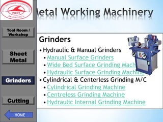 *
Tool Room /
Workshop

Sheet
Metal
Grinders
Cutting
HOME

Grinders
• Hydraulic & Manual Grinders
• Manual Surface Grinders
• Wide Bed Surface Grinding Machine
• Hydraulic Surface Grinding Machine
• Cylindrical & Centerless Grinding M/C
• Cylindrical Grinding Machine
• Centreless Grinding Machine
• Hydraulic Internal Grinding Machine

 