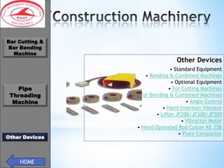 *
Bar Cutting &
Bar Bending
Machine

Pipe
Threading
Machine

Other Devices

HOME

Other Devices
• Standard Equipment
• Bending & Combined Machines
• Optional Equipment
• For Cutting Machines
• For Bending & Combined Machines
• Angle Control
• Hand Insertion Vibrator
• Lifter JF200/JF300/JF500
• Vibration Motor
• Hand Operated Rod Cutter KE 25B
• Plate Compactor

 