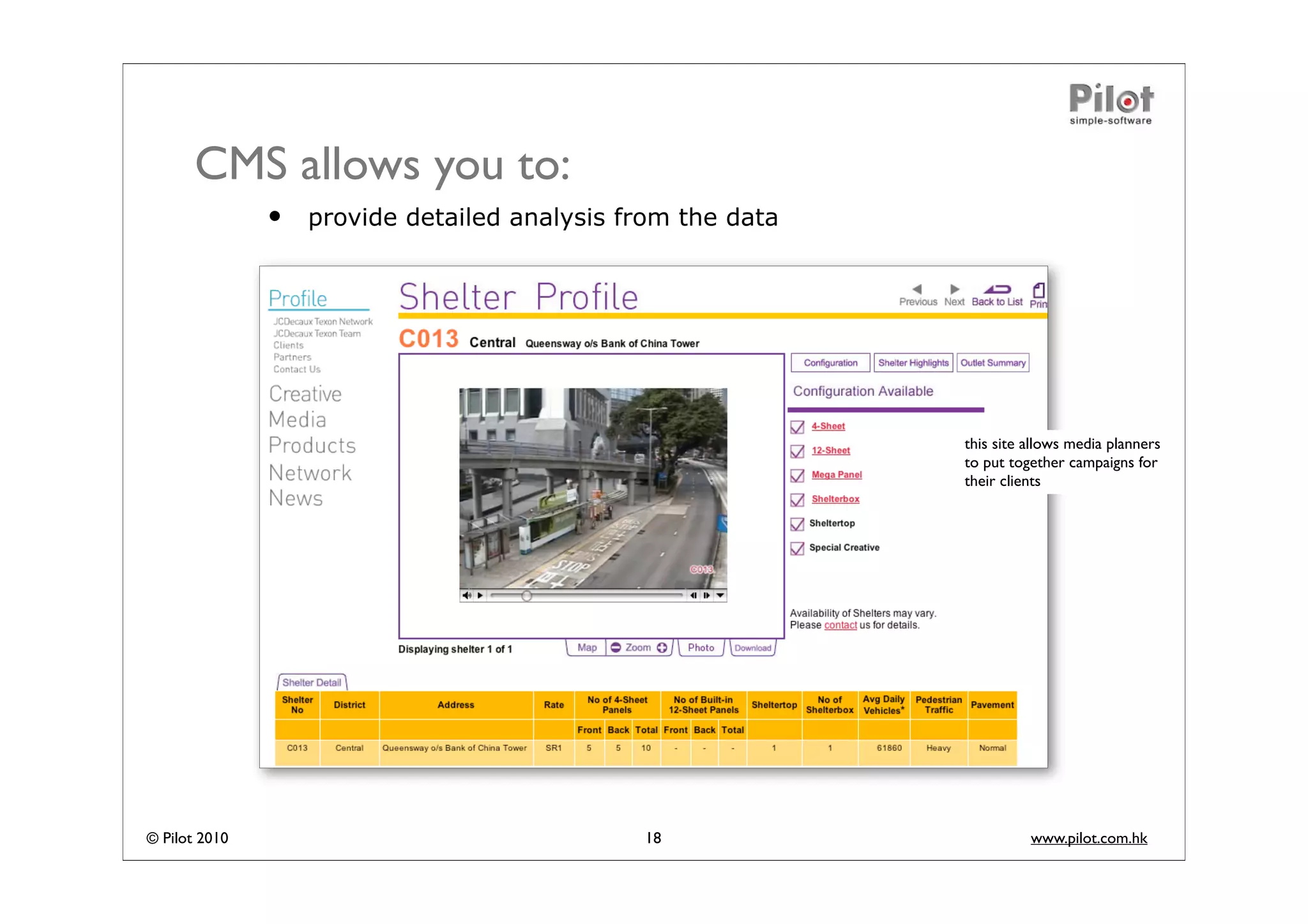 CMS allows you to:
               •   provide detailed analysis from the data




                                                             this site allows media planners
                                                             to put together campaigns for
                                                             their clients




© Pilot 2010                                  18                       www.pilot.com.hk
 