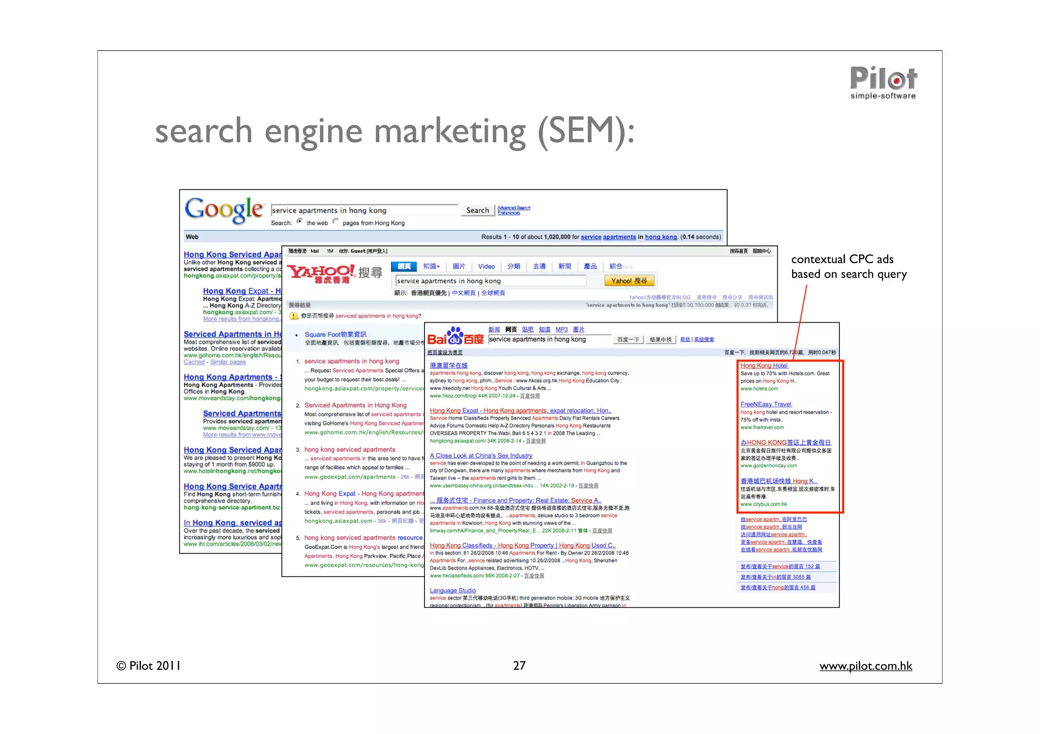 search engine marketing (SEM):


                                        contextual CPC ads
                                        based on search query




© Pilot 2011                 27              www.pilot.com.hk
 