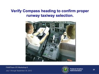 25Federal Aviation
Administration
FAASTeam CFI Workshop 8
July 1 through September 30, 2012
Verify Compass heading to confirm proper
runway taxiway selection.
 