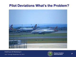 27Federal Aviation
Administration
FAASTeam CFI Workshop 8
July 1 through September 30, 2012
Pilot Deviations What’s the Problem?
 