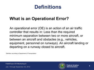5Federal Aviation
Administration
FAASTeam CFI Workshop 8
July 1 through September 30, 2012
Definitions
What is an Operational Error?
An operational error (OE) is an action of an air traffic
controller that results in: Less than the required
minimum separation between two or more aircraft, or
between an aircraft and obstacles (e.g., vehicles,
equipment, personnel on runways). An aircraft landing or
departing on a runway closed to aircraft.
Definition according to Department of Transportation
 