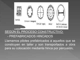 SEGÚN EL PROCESO CONSTRUCTIVO:
- PREFABRICADOS HINCADOS
Llamamos pilotes prefabricados a aquellos que se
construyen en taller y son transportados a obra
para su colocación mediante hinca por percusión,
 