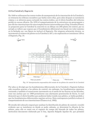 Utilidad, Mantenimiento y Desatinos
22
9.2 La Catedral y Sagrario
En 1940 se reforzaron las contra-trabes de mampostería de la cimentación de la Catedral y
se retiraron los rellenos escombros que había entre ellas, pero años después se instalaron
criptas y se abrieron pasos cortando las contra-trabes, así el efecto benéfico del refuerzo
perdió su escasa eficacia. En 1976 el comportamiento de la estructura era preocupante y
por ello las cimentaciones de estos templos fueron intervenidas por el Ing. González Flores;
su propuesta para la Catedral la concretó en un dibujo con 280 pilotes de control, por su
arreglo se infiere que supuso que el hundimiento diferencial era lineal con valor máximo
en la fachada sur, esa figura no incluyó al Sagrario. Sin ninguna aclaración técnica, se
incrementó el número de pilotes en la Catedral a 387 y sin explicación se instalaron 129 en
el Sagrario, Fig. 18.
Fig. 18 Interpretación esquemática del estado de los pilotes de control de la Catedral
Norte Sur
Pilote largo
Pilote que penetró Pilote corto Pilote de punta
Capa Dura
30
40
50
20
10
FAS
FAI
Costra
Superficial
Relleno
Profundidad,m
0
Pedraplén
Por años se divulgó que los hundimientos diferenciales de la Catedral y Sagrario habían
sido resueltos gracias a los pilotes de control; sin embargo, los hundimientos siguieron
creciendo y también el consecuente incremento en el ancho de las fisuras en las bóvedas;
eran tan anchas que en 1989 permitieron una alarmante penetración de lluvia, lo cual
demostró que el efecto benéfico que pudieron haber tenido esos pilotes, se había perdido y
que los hundimientos diferenciales seguían activos. Esta contingencia justificó evaluar el
comportamiento de sus cimentaciones (Tamez et al, 1992).
El estudio del subsuelo empezó por analizar la distribución de pilotes de control y resultó
evidente que se instalaron en donde se pudo; además, se determinó la eficacia de los
pilotes, para ello se contó con el registro de campo del hincado de todos los pilotes,
meticuloso documento elaborado por el Arq. Agustín Salgado Aguilar (†), que permitió
 