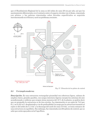 Monografía Sobre los Pilotes de Control
39
Fig. 37 Ubicación de los pilotes de control
122
138
136
132
134
150
154
156
142
142
150
150
148
134 142
136
130
Asentamientos en cm entre
Dic. 1990 y Dic. 2001
Zapata con 3
pilotes de control
Escala gráfica
0 25 m
N
Héroe de Nacozari
Av.Ing.EduardoMolina
que el Hundimiento Regional de la zona es del orden de unos 20 cm por año; así que los
asentamiento diferenciales en el contacto entre el espacio circular con el domo, cimentado
con pilotes, y las galeras cimentadas sobre bóvedas superficiales se seguirán
incrementando en el futuro y será un problema creciente.
9.8 Un templo moderno
Descripción. Es una estructura rectangular piramidal con cobertura ligera, salones de
amplios claros, grandes pasillos, con cargas interiores ligeras excepto los sistemas de aire
acondicionado y calderas que ocupan áreas menores del 10 % de la planta; se podría decir
que en promedio la estructura es de tres niveles. La cimentación es un cajón de 74.0 por
2
61.1 m (4,521 m ), desplantado a 4 m de profundidad, la carga que la estructura trasmite al
2 2
cajón es del orden de 5.1 t/m y la descarga del suelo de unas 5.6 t/m , se trata entonces de
una estructura en equilibrio. Sin embargo, fue cimentada con 204 pilotes de control, que se
sabe que están apoyados en la Capa Dura.
 