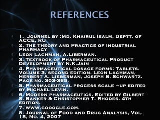  1. Journel by :Md. Khairul Isalm, Deptt. of
ACCE, RU
 2. The Theory and Practice of Industrial
Pharmacy
 Leon Lachman, A.Liberman.
 3. Textbook of Pharmaceutical Product
Development by N.K.Jain
 4. Pharmaceutical dosage forms: Tablets.
Volume 3. second edition. Leon Lachman,
Herbert A. Lieberman, Joseph B. Schwartz.
Page no. 303-365.
 5. Pharmaceutical process scale –up edited
by Michael Levin.
 6. Modern pharmaceutics. Edited by Gilbert
S. Banker & Christopher T. Rhodes. 4th
edition.
 7. www.gooogle.com.
 8. Journal of Food and Drug Analysis, Vol.
15, No. 4, 2007
 