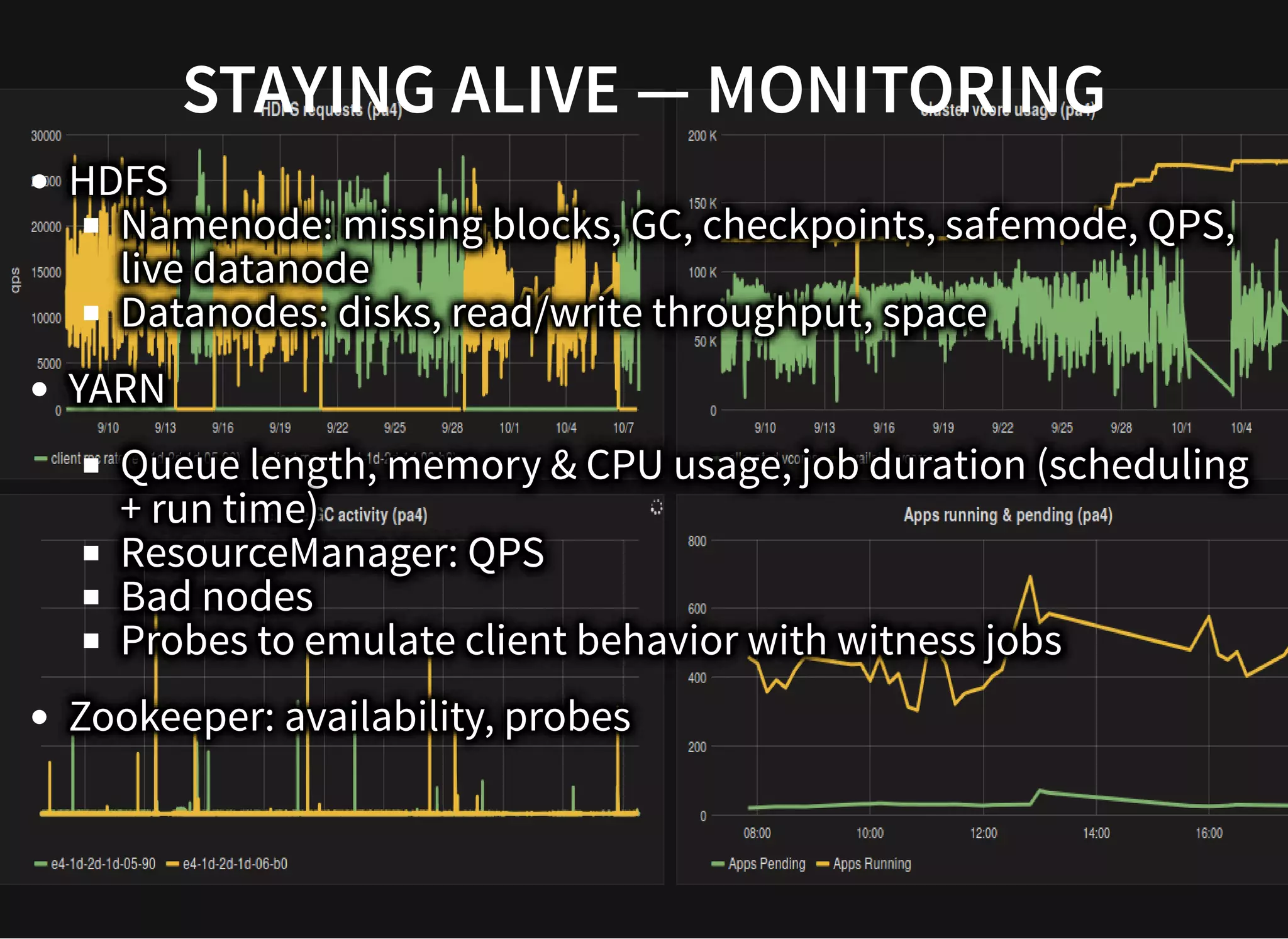 STAYING ALIVE — MONITORINGSTAYING ALIVE — MONITORING
HDFS
Namenode: missing blocks, GC, checkpoints, safemode, QPS,
live datanode
Datanodes: disks, read/write throughput, space
YARN
Queue length, memory & CPU usage, job duration (scheduling
+ run time)
ResourceManager: QPS
Bad nodes
Probes to emulate client behavior with witness jobs
Zookeeper: availability, probes
 