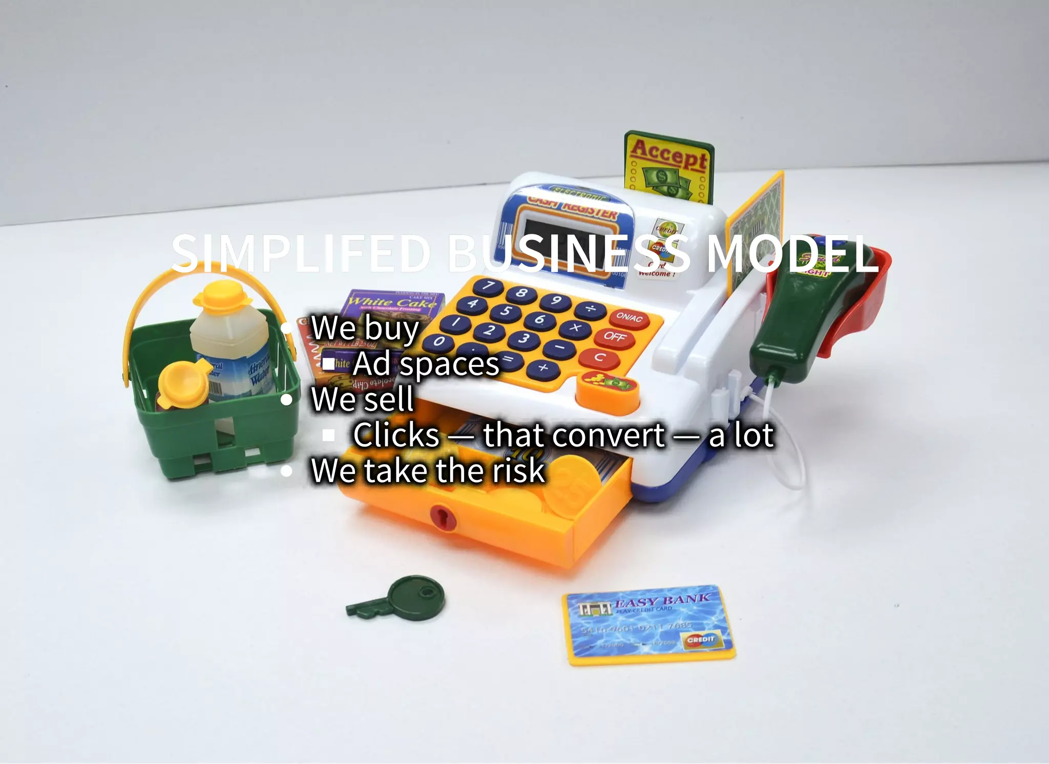 SIMPLIFED BUSINESS MODELSIMPLIFED BUSINESS MODEL
We buy
Ad spaces
We sell
Clicks — that convert — a lot
We take the risk
 