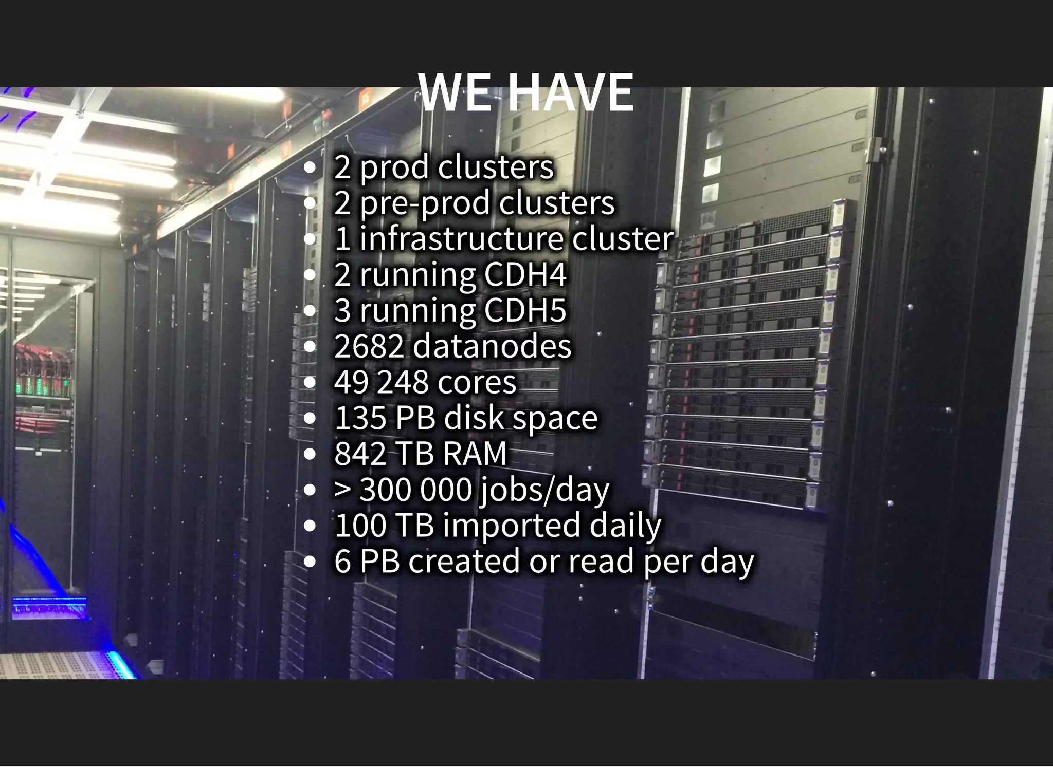 WE HAVEWE HAVE
2 prod clusters
2 pre-prod clusters
1 infrastructure cluster
2 running CDH4
3 running CDH5
2682 datanodes
49 248 cores
135 PB disk space
842 TB RAM
> 300 000 jobs/day
100 TB imported daily
6 PB created or read per day
 