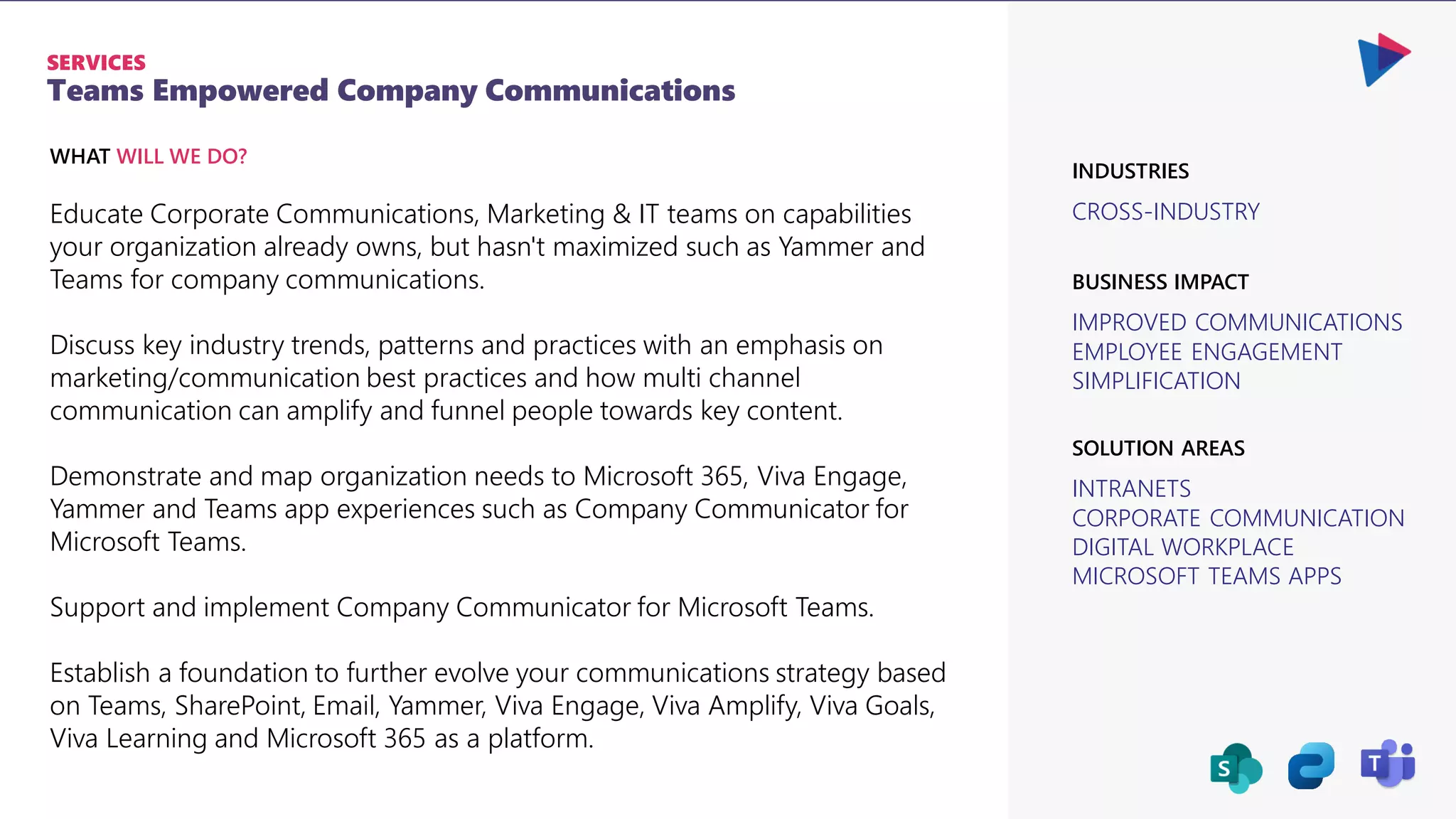 Teams Empowered Company Communications
SERVICES
CROSS-INDUSTRY
IMPROVED COMMUNICATIONS
EMPLOYEE ENGAGEMENT
SIMPLIFICATION
BUSINESS IMPACT
INDUSTRIES
INTRANETS
CORPORATE COMMUNICATION
DIGITAL WORKPLACE
MICROSOFT TEAMS APPS
SOLUTION AREAS
Educate Corporate Communications, Marketing & IT teams on capabilities
your organization already owns, but hasn't maximized such as Yammer and
Teams for company communications.
Discuss key industry trends, patterns and practices with an emphasis on
marketing/communication best practices and how multi channel
communication can amplify and funnel people towards key content.
Demonstrate and map organization needs to Microsoft 365, Viva Engage,
Yammer and Teams app experiences such as Company Communicator for
Microsoft Teams.
Support and implement Company Communicator for Microsoft Teams.
Establish a foundation to further evolve your communications strategy based
on Teams, SharePoint, Email, Yammer, Viva Engage, Viva Amplify, Viva Goals,
Viva Learning and Microsoft 365 as a platform.
WHAT WILL WE DO?
 