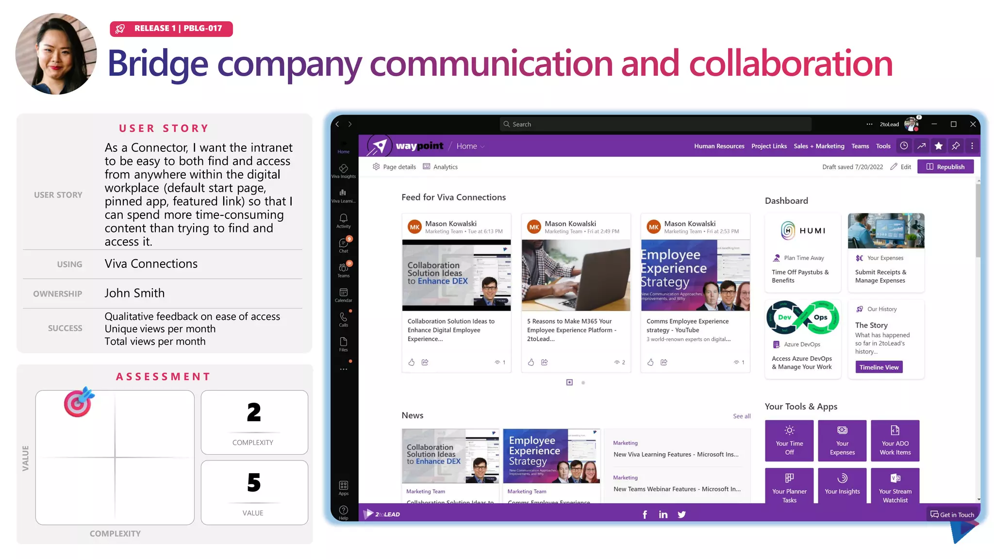U S E R S T O R Y
USER STORY
USING
OWNERSHIP
SUCCESS
A S S E S S M E N T
COMPLEXITY
VALUE
COMPLEXITY
VALUE
As a Connector, I want the intranet
to be easy to both find and access
from anywhere within the digital
workplace (default start page,
pinned app, featured link) so that I
can spend more time-consuming
content than trying to find and
access it.
2
5
John Smith
Qualitative feedback on ease of access
Unique views per month
Total views per month
RELEASE 1 | PBLG-017
Viva Connections
 