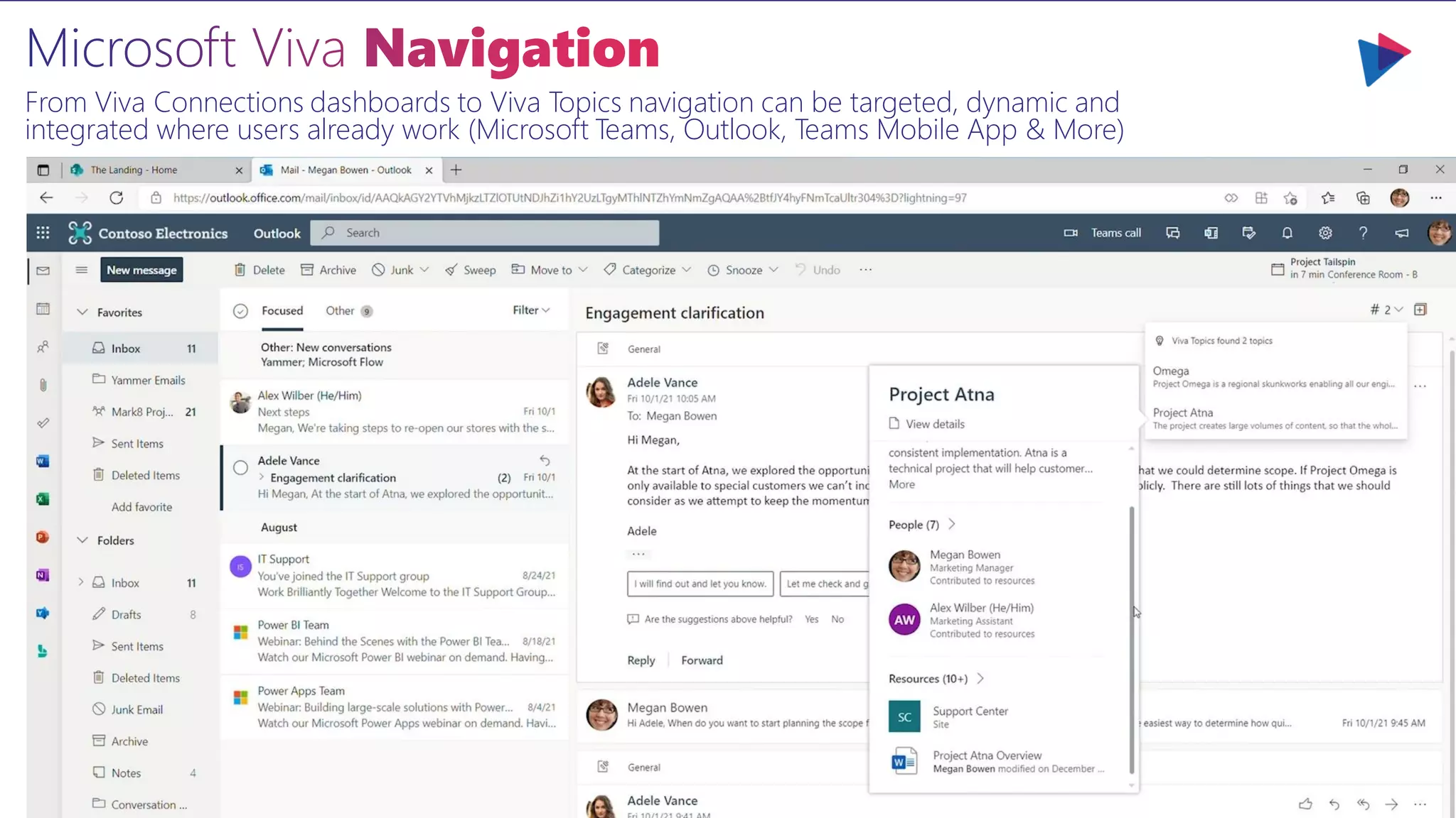 From Viva Connections dashboards to Viva Topics navigation can be targeted, dynamic and
integrated where users already work (Microsoft Teams, Outlook, Teams Mobile App & More)
 