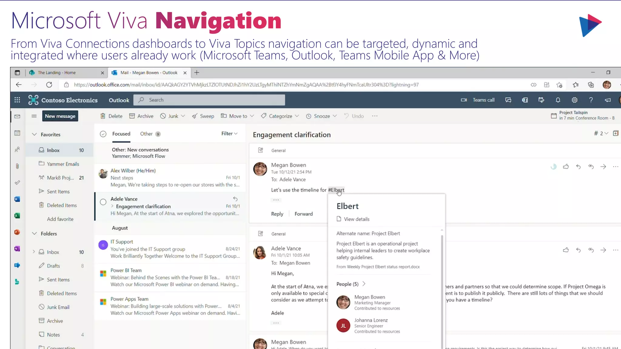 From Viva Connections dashboards to Viva Topics navigation can be targeted, dynamic and
integrated where users already work (Microsoft Teams, Outlook, Teams Mobile App & More)
 