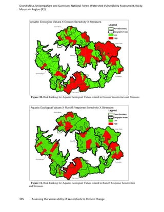 Grand	
  Mesa,	
  Uncompahgre	
  and	
  Gunnison	
  	
  National	
  Forest	
  Watershed	
  Vulnerability	
  Assessment,	
  Rocky	
  
Mountain	
  Region	
  (R2)	
  
105	
  	
  	
  	
  	
  	
  	
  	
  	
  	
  	
  	
  Assessing	
  the	
  Vulnerability	
  of	
  Watersheds	
  to	
  Climate	
  Change
	
  
Figure 30. Risk Ranking for Aquatic Ecological Values related to Erosion Sensitivities and Stressors
Figure 31. Risk Ranking for Aquatic Ecological Values related to Runoff Response Sensitivities
and Stressors
 