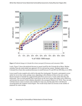 White	
  River	
  National	
  Forest	
  Watershed	
  Vulnerability	
  Assessment,	
  Rocky	
  Mountain	
  Region	
  (R2)	
  
118	
  	
  	
  	
  	
  	
  	
  	
  	
  	
  	
  	
  Assessing	
  the	
  Vulnerability	
  of	
  Watersheds	
  to	
  Climate	
  Change
	
  
Figure 4. Predicted changes in Colorado River basin snowpack (Christensen and Lettenmaier 2006)
Lastly, Figure 5 shows the predicted decrease in annual runoff for the Colorado River Basin. Median
estimates from the multi-model runs approach 10% by mid and late century. Multiple studies in the
Colorado River basin show predicted decreases in runoff between 6% and 20% by 2050 (Ray et al. 2008).
Lower runoff is also coupled with a shift in the peak flow hydrograph. The peak is anticipated to occur
earlier by two to four weeks, perhaps more, depending on the influence of dust on the snow surface.
Recent research in Colorado has suggested that peak flows occur up to 3 weeks earlier than they did
historically. This is at least partially due to dust layers on the snow surface that reduce snow reflectivity
and increase the amount of solar radiation absorbed in the snowpack (Painter et al. 2010). Thus, not only
will there be less water in streams and available for water uses, but the peaks flows will likely be
occurring before the irrigation season begins. This would surely lead to an increase in the number of
proposals for water storage.
 