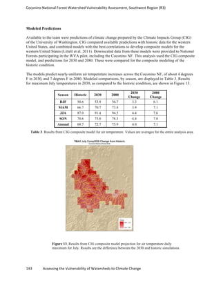 Coconino	
  National	
  Forest	
  Watershed	
  Vulnerability	
  Assessment,	
  Southwest	
  Region	
  (R3)	
  
143	
  	
  	
  	
  	
  	
  	
  	
  	
  	
  	
  	
  Assessing	
  the	
  Vulnerability	
  of	
  Watersheds	
  to	
  Climate	
  Change
	
  
Modeled Predictions
Available to the team were predictions of climate change prepared by the Climate Impacts Group (CIG)
of the University of Washington. CIG compared available predictions with historic data for the western
United States, and combined models with the best correlations to develop composite models for the
western United States (Littell et al. 2011). Downscaled data from these models were provided to National
Forests participating in the WVA pilot, including the Coconino NF. This analysis used the CIG composite
model, and predictions for 2030 and 2080. These were compared for the composite modeling of the
historic condition.
The models predict nearly-uniform air temperature increases across the Coconino NF, of about 4 degrees
F in 2030, and 7 degrees F in 2080. Modeled comparisons, by season, are displayed in Table 3. Results
for maximum July temperatures in 2030, as compared to the historic condition, are shown in Figure 13.
Season Historic 2030 2080
2030
Change
2080
Change
DJF 50.6 53.9 56.7 3.3 6.1
MAM 66.7 70.7 73.8 3.9 7.1
JJA 87.0 91.4 94.5 4.4 7.6
SON 70.6 75.0 78.3 4.4 7.8
Annual 68.7 72.7 75.9 4.0 7.1
Table 3. Results from CIG composite model for air temperature. Values are averages for the entire analysis area.
Figure 13. Results from CIG composite model projection for air temperature daily
maximum for July. Results are the difference between the 2030 and historic simulations.
 