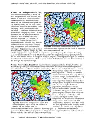Sawtooth	
  National	
  Forest	
  Watershed	
  Vulnerability	
  Assessment,	
  Intermountain	
  Region	
  (R4)	
  
175	
  	
  	
  	
  	
  	
  	
  	
  	
  	
  	
  	
  Assessing	
  the	
  Vulnerability	
  of	
  Watersheds	
  to	
  Climate	
  Change
	
  
Current Low Risk Populations - By 2040,
three bull trout populations are still at low
risk, nine populations are at moderate, and
two are at high risk of extinction (Table 5
and Figure 16). Two populations at low
extinction risk (Germania and Upper Warm
Spring Creeks) have low risk from climate
change (i.e., frequency of winter peak flows
averaging 1.4 days, summer baseflows
averaging a 7% decrease, and summer water
temperatures changing very little). The other
low extinction risk population (Swimm-
Martin) is projected to have moderate
climate-change risks (i.e., frequency of
winter peak flows averaging 2.4 days,
summer baseflows averaging a 9% decrease,
and summer water temperatures changing
very little), but has good watershed that
should give the population enough resiliency
to withstand the predicted changes. By 2080,
all of these populations are predicted to be subjected to a greater frequency of winter peak flows (avg.
3.4), lower summer baseflows (avg. 28% decrease), and water temperatures outside optimal conditions
for bull trout in lower portions of each patch. However, only the Germania population goes to a moderate
risk of extinction from increasing effects of system roads in the headwaters and water diversions lower in
the drainage, due to climate change.
Current Moderate Risk Populations - Four populations (Big Boulder, Little Boulder, West Pass, and
Fourth of July Creeks) are at moderate risk more from current and historic management impacts and
moderate watershed conditions, than from climate change. This does not imply that there are no climate
change impacts predicted by 2040 within
these populations. There are still moderate
increases in winter peak flows (avg. 0.9 days),
and small changes to summer baseflows (avg.
8% decrease to 15% increase) and minor
water temperature increases. However, these
changes are not enough to increase extinction
risks. The remaining five bull trout
populations (Alturas Lake, Fishhook,
Prospect-Robinson Bar, Upper EF Salmon,
and Wickiup-Sheep) are projected to see a
greater frequency of winter peak flow events
(avg. 1.6 days), less baseflow (avg. 19%
decrease) and slightly warmer water
temperatures that may limit the use of habitat
during portions of the summer. By 2080
extinction risks increase to most of the above
bull trout populations as the frequency winter
peak flows and summer water temperatures
increase and summer baseflows continue to decrease (Figure 17). One additional local bull trout
population (Wickiup-Sheep) is projected to be at high risk; nine are predicted to be at moderate risk, and
two are predicted to be at low risk of extinction (Table 5).
Figure 16. Predicted bull trout persistence in 2040. Red
subwatersheds are at high extinction risk; yellow are at moderate
risk, and green are at low risk.
Figure 17. Predicted bull trout persistence in 2080. Red
subwatersheds are at high extinction risk; yellow are at
moderate risk, and green are at low risk.
 