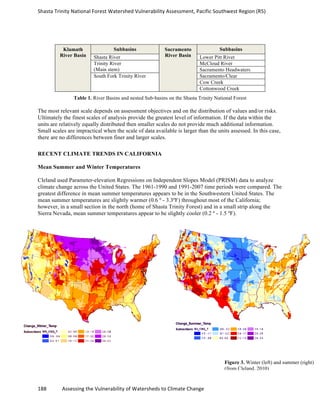Shasta	
  Trinity	
  National	
  Forest	
  Watershed	
  Vulnerability	
  Assessment,	
  Pacific	
  Southwest	
  Region	
  (R5)	
  
	
  
188	
  	
  	
  	
  	
  	
  	
  	
  	
  	
  	
  	
  Assessing	
  the	
  Vulnerability	
  of	
  Watersheds	
  to	
  Climate	
  Change
	
  
Winte Summe
Klamath
River Basin
Subbasins Sacramento
River Basin
Subbasins
Shasta River Lower Pitt River
Trinity River
(Main stem)
McCloud River
Sacramento Headwaters
South Fork Trinity River Sacramento/Clear
Cow Creek
Cottonwood Creek
Table 1. River Basins and nested Sub-basins on the Shasta Trinity National Forest
The most relevant scale depends on assessment objectives and on the distribution of values and/or risks.
Ultimately the finest scales of analysis provide the greatest level of information. If the data within the
units are relatively equally distributed then smaller scales do not provide much additional information.
Small scales are impractical when the scale of data available is larger than the units assessed. In this case,
there are no differences between finer and larger scales.
RECENT CLIMATE TRENDS IN CALIFORNIA
Mean Summer and Winter Temperatures
Cleland used Parameter-elevation Regressions on Independent Slopes Model (PRISM) data to analyze
climate change across the United States. The 1961-1990 and 1991-2007 time periods were compared. The
greatest difference in mean summer temperatures appears to be in the Southwestern United States. The
mean summer temperatures are slightly warmer (0.6 º - 3.3ºF) throughout most of the California;
however, in a small section in the north (home of Shasta Trinity Forest) and in a small strip along the
Sierra Nevada, mean summer temperatures appear to be slightly cooler (0.2 º - 1.5 ºF).
Figure 3. Winter (left) and summer (right)
(from Cleland, 2010)
 