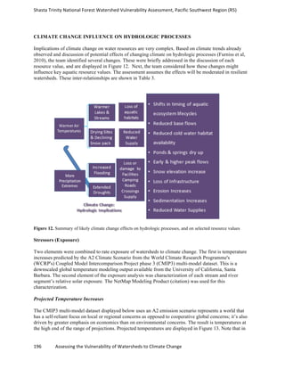 Shasta	
  Trinity	
  National	
  Forest	
  Watershed	
  Vulnerability	
  Assessment,	
  Pacific	
  Southwest	
  Region	
  (R5)	
  
	
  
196	
  	
  	
  	
  	
  	
  	
  	
  	
  	
  	
  	
  Assessing	
  the	
  Vulnerability	
  of	
  Watersheds	
  to	
  Climate	
  Change
	
  
CLIMATE CHANGE INFLUENCE ON HYDROLOGIC PROCESSES
Implications of climate change on water resources are very complex. Based on climate trends already
observed and discussion of potential effects of changing climate on hydrologic processes (Furniss et al,
2010), the team identified several changes. These were briefly addressed in the discussion of each
resource value, and are displayed in Figure 12. Next, the team considered how these changes might
influence key aquatic resource values. The assessment assumes the effects will be moderated in resilient
watersheds. These inter-relationships are shown in Table 3.
Figure 12. Summary of likely climate change effects on hydrologic processes, and on selected resource values
Stressors (Exposure)
Two elements were combined to rate exposure of watersheds to climate change. The first is temperature
increases predicted by the A2 Climate Scenario from the World Climate Research Programme's
(WCRP's) Coupled Model Intercomparison Project phase 3 (CMIP3) multi-model dataset. This is a
downscaled global temperature modeling output available from the University of California, Santa
Barbara. The second element of the exposure analysis was characterization of each stream and river
segment’s relative solar exposure. The NetMap Modeling Product (citation) was used for this
characterization.
Projected Temperature Increases
The CMIP3 multi-model dataset displayed below uses an A2 emission scenario represents a world that
has a self-reliant focus on local or regional concerns as opposed to cooperative global concerns; it’s also
driven by greater emphasis on economics than on environmental concerns. The result is temperatures at
the high end of the range of projections. Projected temperatures are displayed in Figure 13. Note that in
 