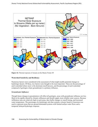 Shasta	
  Trinity	
  National	
  Forest	
  Watershed	
  Vulnerability	
  Assessment,	
  Pacific	
  Southwest	
  Region	
  (R5)	
  
	
  
198	
  	
  	
  	
  	
  	
  	
  	
  	
  	
  	
  	
  Assessing	
  the	
  Vulnerability	
  of	
  Watersheds	
  to	
  Climate	
  Change
	
  
Figure 14. Thermal exposure of streams on the Shasta-Trinity NF
Watershed Sensitivity and Resiliency
Numerous factors were considered in the assessment of what might modify potential changes to
hydrologic factors. Of these, two factors were thought to be most important. These are the percentage of
each watershed where snow is the dominate runoff process, and the percentage of each watershed
composed of geologies where groundwater is a primary influence.
Groundwater Influence
Though future changes in precipitation will affect all geologies, areas with groundwater influence are less
likely to be rapidly altered by climatic influences and should supply more reliable water sources. Because
infiltration rates are relatively high in such areas, they buffer changes to runoff timing, and increased
water temperature. The percentage of a hydrologic unit that contains volcanic basalt or limestone was
used to represent areas that are ground dominated systems with limited surface water flows and a
tempered/ delayed hydrologic response.
 