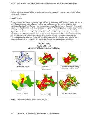 Shasta	
  Trinity	
  National	
  Forest	
  Watershed	
  Vulnerability	
  Assessment,	
  Pacific	
  Southwest	
  Region	
  (R5)	
  
	
  
203	
  	
  	
  	
  	
  	
  	
  	
  	
  	
  	
  	
  Assessing	
  the	
  Vulnerability	
  of	
  Watersheds	
  to	
  Climate	
  Change
	
  
Highest priority actions are habitat protection and improving connectivity and access to existing habitat
not currently occupied.
Aquatic Species
Sensitive aquatic species are represented in the analysis by springs and lentic habitats less than one acre in
size. The primary risks to these habitats (and the species they support) are loss of suitability from
warming and complete loss due to drying. Resource values were characterized by the density of the small
waterbodies. Results of this analysis are displayed in Figure 19. Areas in green are watersheds supporting
aquatic habitats that may provide greatest resilience to impacts associated with climate. Watersheds
depicted in red are areas where habitats may be the most vulnerable to change. Investing in sensitive
aquatic species habitat improvement projects may be most efficient in watersheds that are most resilient,
and in watersheds with moderate resilience (yellow) that are adjacent to more resilient watersheds.
Developing more reliable water sources and protesting acquisition of additional water rights in may
improve resilience in all watersheds, and may help to retain water in small ponds and springs.
Figure 19. Vulnerability of small aquatic features to drying
 