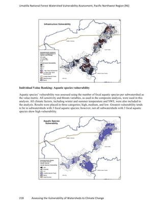 Umatilla	
  National	
  Forest	
  Watershed	
  Vulnerability	
  Assessment,	
  Pacific	
  Northwest	
  Region	
  (R6)
218	
  	
  	
  	
  	
  	
  	
  	
  	
  	
  	
  	
  Assessing	
  the	
  Vulnerability	
  of	
  Watersheds	
  to	
  Climate	
  Change
	
  
Individual Value Ranking: Aquatic species vulnerability
Aquatic species’ vulnerability was assessed using the number of focal aquatic species per subwatershed as
the value metric. All sensitivity and threats variables, as used in the composite analysis, were used in this
analysis. All climate factors, including winter and summer temperature and SWE, were also included in
the analysis. Results were placed in three categories; high, medium, and low. Greatest vulnerability tends
to be in subwatersheds with 3 focal aquatic species; however, not all subwatersheds with 3 focal aquatic
species show high vulnerability.
 