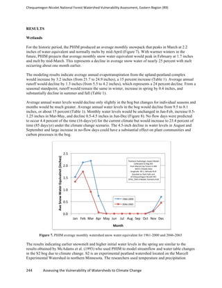 Chequamegon-­‐Nicolet	
  National	
  Forest	
  Watershed	
  Vulnerability	
  Assessment,	
  Eastern	
  Region	
  (R9)	
  
	
  
244	
  	
  	
  	
  	
  	
  	
  	
  	
  	
  	
  	
  Assessing	
  the	
  Vulnerability	
  of	
  Watersheds	
  to	
  Climate	
  Change
	
  
RESULTS
Wetlands
For the historic period, the PHIM produced an average monthly snowpack that peaks in March at 2.2
inches of water equivalent and normally melts by mid-April (Figure 7). With warmer winters in the
future, PHIM projects that average monthly snow water equivalent would peak in February at 1.7 inches
and melt by mid-March. This represents a decline in average snow water of nearly 25 percent with melt
occurring about one month earlier.
The modeling results indicate average annual evapotranspiration from the upland-peatland complex
would increase by 3.2 inches (from 21.7 to 24.9 inches), a 15 percent increase (Table 1). Average annual
runoff would decline by 1.3 inches (from 5.5 to 4.2 inches), which represents a 24 percent decline. From a
seasonal standpoint, runoff would remain the same in winter, increase in spring by 0.4 inches, and
substantially decline in summer and fall (Table 1).
Average annual water levels would decline only slightly in the bog but changes for individual seasons and
months would be much greater. Average annual water levels in the bog would decline from 9.5 to 8.1
inches, or about 15 percent (Table 1). Monthly water levels would be unchanged in Jan-Feb, increase 0.5-
1.25 inches in Mar-May, and decline 0.5-4.5 inches in Jun-Dec (Figure 8). No flow days were predicted
to occur 4.4 percent of the time (16 days/yr) for the current climate but would increase to 23.4 percent of
time (85 days/yr) under the climate change scenario. The 4.5-inch decline in water levels in August and
September and large increase in no-flow days could have a substantial effect on plant communities and
carbon processes in the bog.
Figure 7. PHIM average monthly watershed snow water equivalent for 1961-2000 and 2046-2065
The results indicating earlier snowmelt and higher initial water levels in the spring are similar to the
results obtained by McAdams et al. (1993) who used PHIM to model streamflow and water table changes
in the S2 bog due to climate change. S2 is an experimental peatland watershed located on the Marcell
Experimental Watershed in northern Minnesota. The researchers used temperature and precipitation
0.0	
  
0.5	
  
1.0	
  
1.5	
  
2.0	
  
2.5	
  
Jan	
   Feb	
   Mar	
   Apr	
   May	
   Jun	
   Jul	
   Aug	
   Sep	
   Oct	
   Nov	
   Dec	
  
Ave	
  Snow	
  Water	
  Equivalnet	
  (inches)	
  
Month	
  
1960-­‐2000	
  
2046-­‐2065	
  
Peatland	
  Hydrologic	
  Impact	
  Model	
  
Calibrated	
  S2	
  Bog	
  WS	
  	
  
from	
  Marcel	
  Exp	
  Forest	
  in	
  MN	
  
WICCI	
  Climate	
  Data	
  	
  
longitude	
  -­‐90.1,	
  ladtude	
  45.8	
  
(located	
  on	
  Park	
  Falls	
  unit	
  	
  
of	
  Chequamegon-­‐Nicolet	
  NF)	
  
GFDL_CM2.0	
  Model,	
  Scenario	
  A1B	
  
 