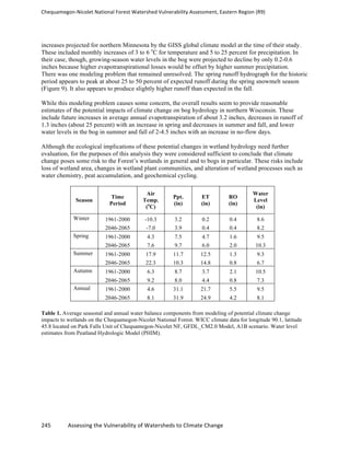 Chequamegon-­‐Nicolet	
  National	
  Forest	
  Watershed	
  Vulnerability	
  Assessment,	
  Eastern	
  Region	
  (R9)	
  
	
  
245	
  	
  	
  	
  	
  	
  	
  	
  	
  	
  	
  	
  Assessing	
  the	
  Vulnerability	
  of	
  Watersheds	
  to	
  Climate	
  Change
	
  
increases projected for northern Minnesota by the GISS global climate model at the time of their study.
These included monthly increases of 3 to 6 o
C for temperature and 5 to 25 percent for precipitation. In
their case, though, growing-season water levels in the bog were projected to decline by only 0.2-0.6
inches because higher evapotranspirational losses would be offset by higher summer precipitation.
There was one modeling problem that remained unresolved. The spring runoff hydrograph for the historic
period appears to peak at about 25 to 50 percent of expected runoff during the spring snowmelt season
(Figure 9). It also appears to produce slightly higher runoff than expected in the fall.
While this modeling problem causes some concern, the overall results seem to provide reasonable
estimates of the potential impacts of climate change on bog hydrology in northern Wisconsin. These
include future increases in average annual evapotranspiration of about 3.2 inches, decreases in runoff of
1.3 inches (about 25 percent) with an increase in spring and decreases in summer and fall, and lower
water levels in the bog in summer and fall of 2-4.5 inches with an increase in no-flow days.
Although the ecological implications of these potential changes in wetland hydrology need further
evaluation, for the purposes of this analysis they were considered sufficient to conclude that climate
change poses some risk to the Forest’s wetlands in general and to bogs in particular. These risks include
loss of wetland area, changes in wetland plant communities, and alteration of wetland processes such as
water chemistry, peat accumulation, and geochemical cycling.
Season
Time
Period
Air
Temp.
(o
C)
Ppt.
(in)
ET
(in)
RO
(in)
Water
Level
(in)
Winter 1961-2000 -10.3 3.2 0.2 0.4 8.6
2046-2065 -7.0 3.9 0.4 0.4 8.2
Spring 1961-2000 4.3 7.5 4.7 1.6 9.5
2046-2065 7.6 9.7 6.0 2.0 10.3
Summer 1961-2000 17.9 11.7 12.5 1.3 9.3
2046-2065 22.3 10.3 14.8 0.8 6.7
Autumn 1961-2000 6.3 8.7 3.7 2.1 10.5
2046-2065 9.2 8.0 4.4 0.8 7.3
Annual 1961-2000 4.6 31.1 21.7 5.5 9.5
2046-2065 8.1 31.9 24.9 4.2 8.1
Table 1. Average seasonal and annual water balance components from modeling of potential climate change
impacts to wetlands on the Chequamegon-Nicolet National Forest. WICC climate data for longitude 90.1, latitude
45.8 located on Park Falls Unit of Chequamegon-Nicolet NF, GFDL_CM2.0 Model, A1B scenario. Water level
estimates from Peatland Hydrologic Model (PHIM).
 