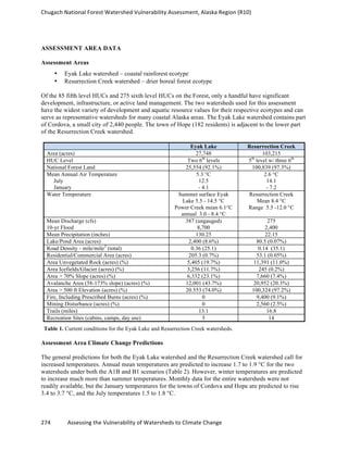 Chugach	
  National	
  Forest	
  Watershed	
  Vulnerability	
  Assessment,	
  Alaska	
  Region	
  (R10)	
  
274	
  	
  	
  	
  	
  	
  	
  	
  	
  	
  	
  	
  Assessing	
  the	
  Vulnerability	
  of	
  Watersheds	
  to	
  Climate	
  Change
	
  
ASSESSMENT AREA DATA
Assessment Areas
• Eyak Lake watershed – coastal rainforest ecotype
• Resurrection Creek watershed – drier boreal forest ecotype
Of the 85 fifth level HUCs and 275 sixth level HUCs on the Forest, only a handful have significant
development, infrastructure, or active land management. The two watersheds used for this assessment
have the widest variety of development and aquatic resource values for their respective ecotypes and can
serve as representative watersheds for many coastal Alaska areas. The Eyak Lake watershed contains part
of Cordova, a small city of 2,440 people. The town of Hope (182 residents) is adjacent to the lower part
of the Resurrection Creek watershed.
Eyak Lake Resurrection Creek
Area (acres) 27,748 103,215
HUC Level Two 6th
levels 5th
level w/ three 6th
National Forest Land 25,554 (92.1%) 100,839 (97.3%)
Mean Annual Air Temperature
July
January
5.3 °C
12.5
- 4.1
2.6 °C
14.1
- 7.2
Water Temperature Summer surface Eyak
Lake 5.5 - 14.5 °C
Power Creek mean 6.1°C
annual 3.0 - 8.4 °C
Resurrection Creek
Mean 8.4 °C
Range 5.5 -12.0 °C
Mean Discharge (cfs)
10-yr Flood
387 (ungauged)
8,700
275
2,400
Mean Precipitation (inches) 130.25 22.15
Lake/Pond Area (acres) 2,400 (8.6%) 80.5 (0.07%)
Road Density - mile/mile2
(total) 0.36 (25.1) 0.14 (35.1)
Residential/Commercial Area (acres) 205.3 (0.7%) 53.1 (0.05%)
Area Unvegetated Rock (acres) (%) 5,405 (19.7%) 11,391 (11.0%)
Area Icefields/Glacier (acres) (%) 3,256 (11.7%) 245 (0.2%)
Area > 70% Slope (acres) (%) 6,332 (23.1%) 7,660 (7.4%)
Avalanche Area (58-173% slope) (acres) (%) 12,001 (43.7%) 20,952 (20.3%)
Area > 500 ft Elevation (acres) (%) 20.553 (74.0%) 100,324 (97.2%)
Fire, Including Prescribed Burns (acres) (%) 0 9,400 (9.1%)
Mining Disturbance (acres) (%) 0 2,560 (2.5%)
Trails (miles) 13.1 16.8
Recreation Sites (cabins, camps, day use) 5 14
Table 1. Current conditions for the Eyak Lake and Resurrection Creek watersheds.
Assessment Area Climate Change Predictions
The general predictions for both the Eyak Lake watershed and the Resurrection Creek watershed call for
increased temperatures. Annual mean temperatures are predicted to increase 1.7 to 1.9 °C for the two
watersheds under both the A1B and B1 scenarios (Table 2). However, winter temperatures are predicted
to increase much more than summer temperatures. Monthly data for the entire watersheds were not
readily available, but the January temperatures for the towns of Cordova and Hope are predicted to rise
3.4 to 3.7 °C, and the July temperatures 1.5 to 1.8 °C.
 