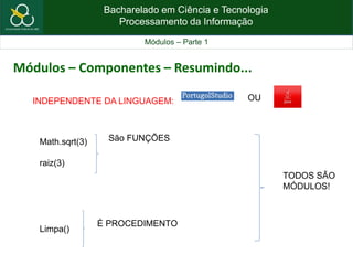 Bacharelado em Ciência e Tecnologia
Processamento da Informação
Módulos – Parte 1
Módulos – Componentes – Resumindo...
Math.sqrt(3)
raiz(3)
São FUNÇÕES
INDEPENDENTE DA LINGUAGEM: OU
Limpa()
É PROCEDIMENTO
TODOS SÃO
MÓDULOS!
 