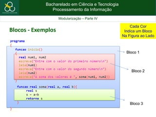 Bacharelado em Ciência e Tecnologia
Processamento da Informação
Modularização – Parte IV
Blocos - Exemplos
Cada Cor
Indica um Bloco
Na Figura ao Lado
Bloco 1
Bloco 2
Bloco 3
 