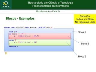 Bacharelado em Ciência e Tecnologia
Processamento da Informação
Modularização – Parte IV
Blocos - Exemplos
Cada Cor
Indica um Bloco
Na Figura ao Lado
Bloco 1
Bloco 2
Bloco 3
 