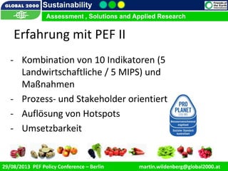 9/1/2013 4
Sustainability
Assessment , Solutions and Applied Research
29/08/2013 PEF Policy Conference – Berlin martin.wildenberg@global2000.at
Assessment , Solutions and Applied Research
Erfahrung mit PEF II
- Kombination von 10 Indikatoren (5
Landwirtschaftliche / 5 MIPS) und
Maßnahmen
- Prozess- und Stakeholder orientiert
- Auflösung von Hotspots
- Umsetzbarkeit
 