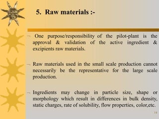pilot-plant is theof the
the active ingredient &
 One purpose/responsibility
approval & validation of
excipients raw materials.
 Raw materials used in the small scale production cannot
necessarily be the representative for the large scale
production.
 Ingredients may change in particle size, shape or
morphology which result in differences in bulk density,
static charges, rate of solubility, flow properties, color,etc.
5. Raw materials :-
14
 