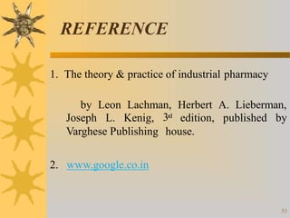 REFERENCE
53
1. The theory & practice of industrial pharmacy
by Leon Lachman, Herbert A. Lieberman,
3rd
Joseph L. Kenig, edition, published by
Varghese Publishing house.
2. www.google.co.in
 