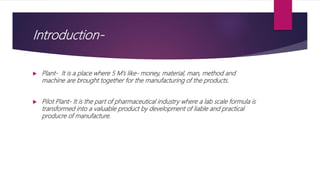 Introduction-
 Plant- It is a place where 5 M’s like- money, material, man, method and
machine are brought together for the manufacturing of the products.
 Pilot Plant- It is the part of pharmaceutical industry where a lab scale formula is
transformed into a valuable product by development of liable and practical
producre of manufacture.
 