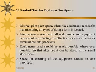 11
 Discreet pilot plant space, where the equipment needed for
manufacturing all types of dosage form is located.
 Intermediate – sized and full scale production equipment
is essential in evaluating the effects of scale-up of research
formulations and processes.
 Equipments used should be made portable where ever
possible. So that after use it can be stored in the small
store room.
 Space for cleaning of the equipment should be also
provided.
3.3 Standard Pilot-plant Equipment Floor Space :-
9/19/2021
 