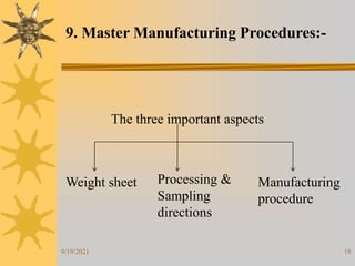 18
The three important aspects
Weight sheet Processing &
Sampling
directions
Manufacturing
procedure
9. Master Manufacturing Procedures:-
9/19/2021
 