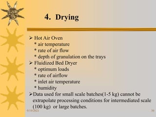 30
4. Drying
 Hot Air Oven
* air temperature
* rate of air flow
* depth of granulation on the trays
 Fluidized Bed Dryer
* optimum loads
* rate of airflow
* inlet air temperature
* humidity
Data used for small scale batches(1-5 kg) cannot be
extrapolate processing conditions for intermediated scale
(100 kg) or large batches.
9/19/2021
 