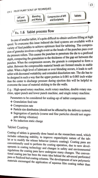 CH-1 PILOT PLANT SCALE UP TECHNIQUES
APIand
Excipients
Blending
and Mixing
FG. 1.6 Tablet process flow
Compression ofAPI
and Excipients
$ Compression rate
In case ofsmallertablet, it's quite difficult toobtain uniform filling at high
speed. To overcome this issue induced die feed systems are available with a
variety offeed paddles to achieve optimum feed for tableting. The compres
sionofgranules involves asingle event as the heads ofthe punches pass over
the pressure rollers. This causes the punches to penetrate the die to aprefixed
depth, compacting the granulation to the thickness ofthe gap set between the
punches. When the compression occurs, the granule is compacted to form a
tablet. Between the compressible material bonds are formed results in stable
tablet. When ahigh level oflubricant or over blending occurs, it leads to soft
tablet with decreased wettability and extended dissolution rate. The die has to
be designed in such away that the upper portion is 0.001 to 0.005 inch wider
than the center to discharge pressure during ejection this will be helpful to
overcome the issue ofmaterial sticking to the die walls.
Tablets
E.g. :High-speed rotary machine, multi rotary machine, double rotary ma
chine, upper punch and lowerpunch machine, and single rotary machine.
Parameters to be considered for scaling-up oftablet compression:
Granulation feed rate
Noinduction static charge
Tablet Coating
13
* Particle size distribution (should not be affected by the delivery system)
* Segregation of particle (coarse and fine particles should not segre
gate during vibration)
Coating of tablets is generally done based on the researchers need, which
includes enhancing stability, to improve organoleptic nature of the tab
let or to modify the release behavior (enteric coating). Coating pans are
conventionally used to perform the coating operation, due to new devel
opments in coating technology and changes in safety and environmental
regulations the coating pans have undergone many changes. The conven
tional coating pan has been the main idea behind the advanced perforated
pans or fluidized bed coating columns. The developmentofnew polymeric
materials encouraged the application of aqueous film coating rather than
 