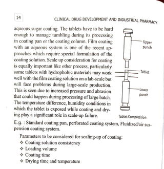 14
aqueous sugar coating. The tablets have to be hard
enough to manage tumbling during itsprocessing
in coating pan or the coating column. Film coating
with an aqucous system is one of the recent ap
proaches which require special formulation of the
coating solution. Scale up consideration for coating
is cqually important like other process, particularly
some tablets with hydrophobic materials may work
wellwith the film coating solution on alab-scale but
willface problems during large-scale production.
This is seen due to increased pressure and abrasion
that could happen during processing of large batch.
The temperature difference, humidity conditions in
which the tablet is exposed while coating and dry
ing play asignificant role in scale-up failure.
CLINICAL DRUG DEVELOPMENT AND INDUSTRIAL PHARMACY
Parameters to be considered for scaling-up of coating:
Coating solution consistency
Loading volume
Coating time
Upper
E.g.:Standard coating pan, perforated coating system, Fluidized/air sus
pension coating system.
$ Drying time and temperature
punch
Tablet
Lower
punch
Tablet Compression
 