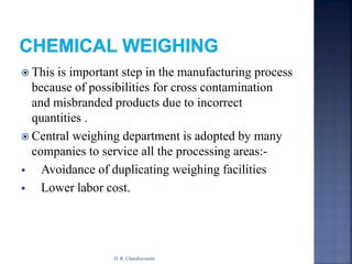  This is important step in the manufacturing process
because of possibilities for cross contamination
and misbranded products due to incorrect
quantities .
 Central weighing department is adopted by many
companies to service all the processing areas:-
 Avoidance of duplicating weighing facilities
 Lower labor cost.
D. R. Chandravanshi
 
