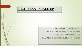 PILOT PLANT SCALE UP
PREPARED BY: JATIN PATEL
GUIDED BY: Dr. MANSI DHOLAKIYA
FACULTY OF PHARMACY
DHARMSINH DESAI UNIVERSITY, NADIAD
1
 