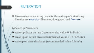 FILTERATION
Two most common sizing bases for the scale-up of a sterilizing
filtration are capacity (filter area, throughput) and flowrate.
Scale Up Parameters
scale-up factor on rate (recommended value 0.8ml/min)
scale-up on actual area (recommended value 0.75–0.85 m2)
scaleup on cake discharge (recommended value 0.9cm/s).
14
 