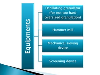 Oscillating granulator
               (for not too hard
             oversized granulation)


Equipments       Hammer mill


              Mechanical sieving
                   device


               Screening device
 