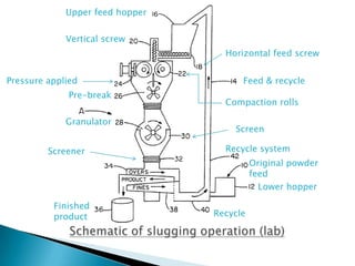 Upper feed hopper


             Vertical screw
                                   Horizontal feed screw


Pressure applied                       Feed & recycle
              Pre-break
                                   Compaction rolls

             Granulator
                                     Screen

         Screener                  Recycle system
                                           Original powder
                                           feed
                                             Lower hopper

          Finished
          product                Recycle
 