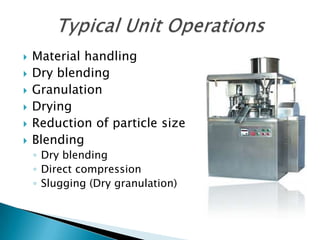    Material handling
   Dry blending
   Granulation
   Drying
   Reduction of particle size
   Blending
    ◦ Dry blending
    ◦ Direct compression
    ◦ Slugging (Dry granulation)
 